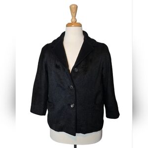 Vintage 50s Fuzzy‎ Wool Cropped Jacket Black Tailored Swing Coat Medium Large